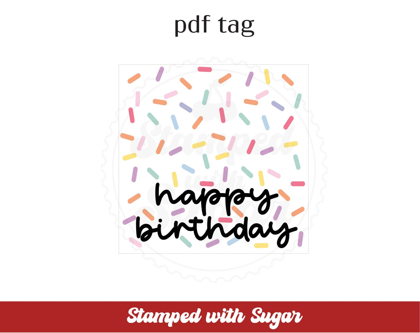 Etiqueta cuadrada en PDF de "Feliz cumpleaños" con diseño de chispitas