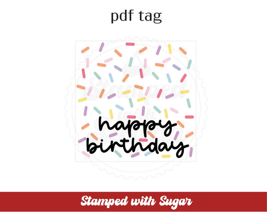 Etiqueta cuadrada en PDF de "Feliz cumpleaños" con diseño de chispitas