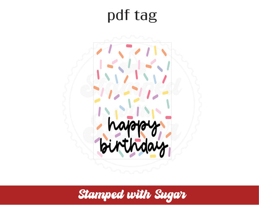 Etiqueta PDF rectangular de Feliz Cumpleaños con chispas